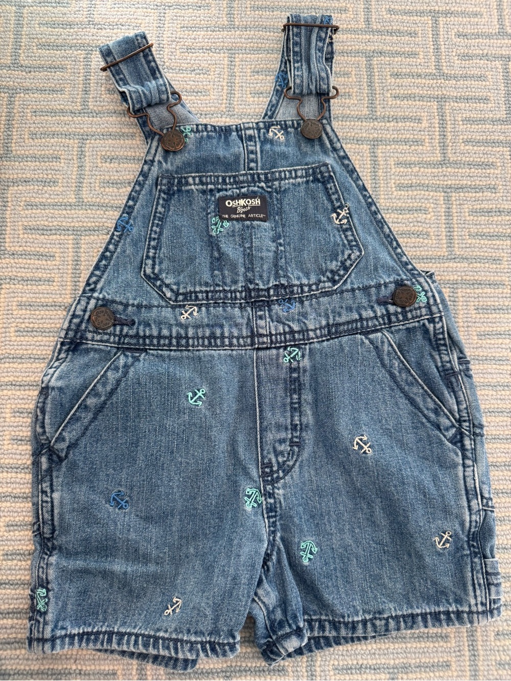 OshKosh B'gosh Denim Anchor Shortalls with Teal & White Embroidery